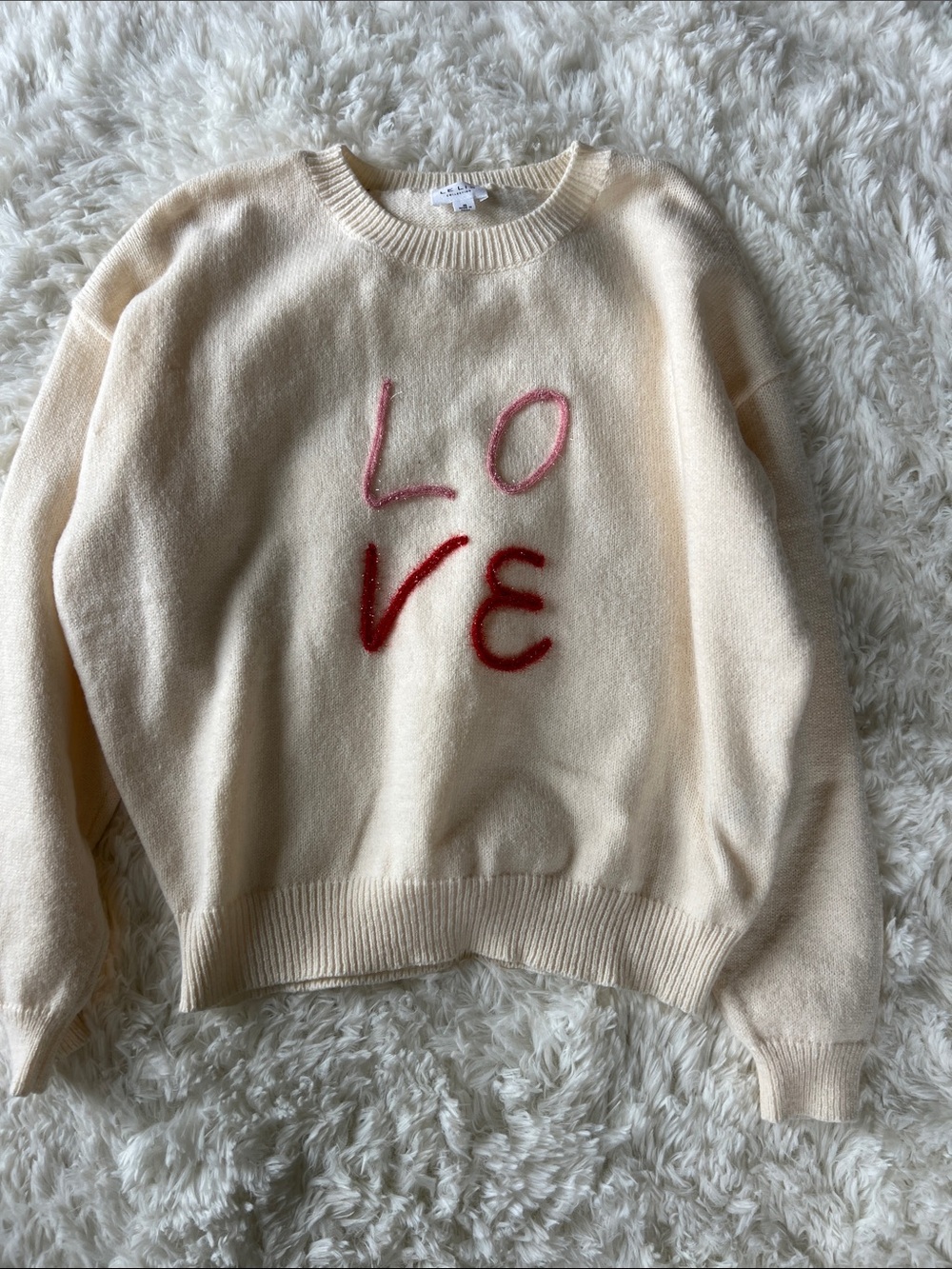 Le Lis Cream Crewneck Sweater with Pink and Red 'LOVE' Embroidery
